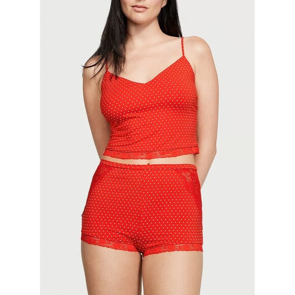 Victoria's Secret Other - Victoria's Secret Stretch Modal Lace Back Cami Shorts Set Red Pink Polka Dot XXL